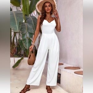 White Cowl Neck Wide Leg Jumpsuit with Pearl Straps